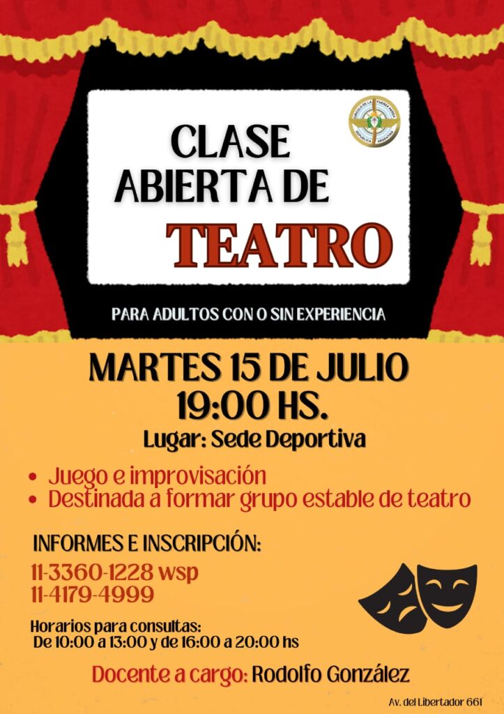 ¿Tenés ganas de actuar, jugar y expresarte? ¡Este es tu momento! 💥

📅 Comenzamos el martes 15 de julio
🕖 19 hs
📍 Sede Vicente López
👤 Docente: Rodolfo González

✅ Abierto a personas con o sin experiencia
🎲 Trabajo con el juego, la improvisación y la creación de un grupo estable de teatro

💬 Consultas e inscripción:
📞 11-3360-1228 / 11-4179-4999
🕙 Horarios de atención: 10 a 13 hs y de 16 a 20 hs

¡Sumate y animate a vivir la experiencia del teatro! 🌟

#CIRFAA #SedeVte.López #SociosCIRFAA #TeatroParaAdultos #Impro #Expresión #ClasesDeTeatro #VicenteLópez #Improvisación #GrupoTeatral #CulturaViva